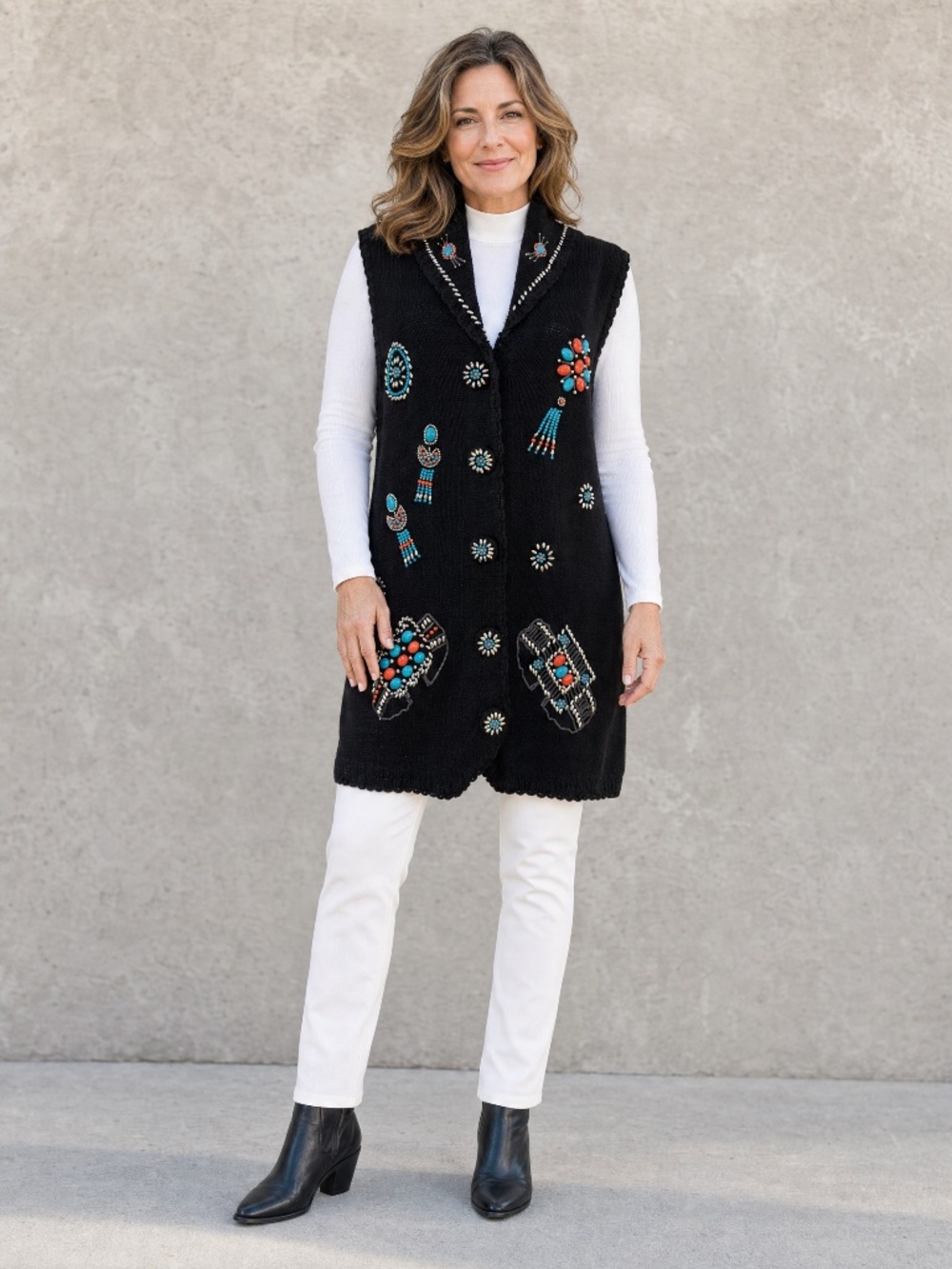 Victoria Jones Beaded Southwestern Sweater Vest Tunic Black Medium Boho Western - Picture 16 of 16